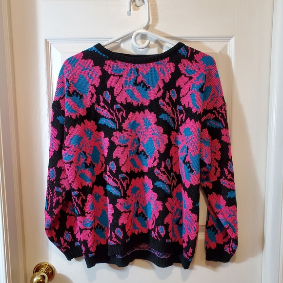 Vintage Sweaters - Vintage 80s 90s neon black pink blue knit floral crewneck sweater M